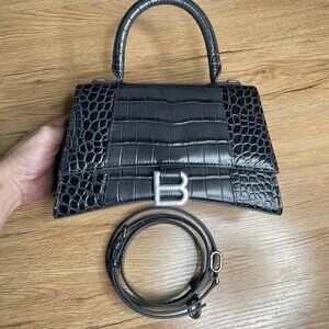 Balenciaga HOURGLASS SMALL HANDBAG CROCODILE EMBOSSED IN BLACK